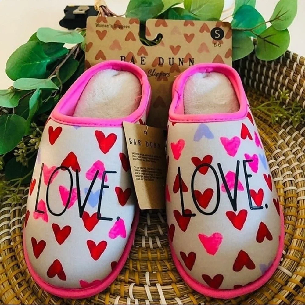 Rae Dunn “Love” Heart Print Slippers Cozy Slip-On Size Small NWT